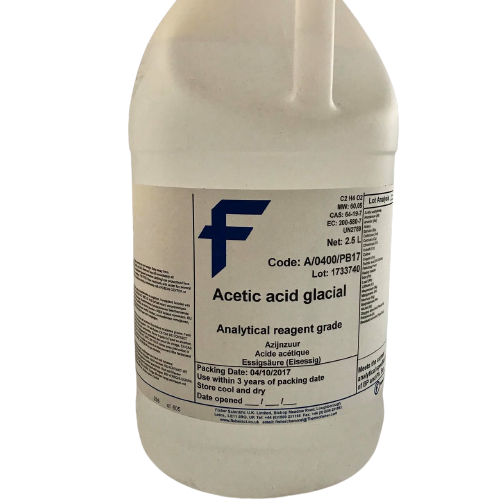 Image: Fisher's Glacial Acetic Acid - A clear, strong-smelling liquid used in various industrial, laboratory, and chemical applications