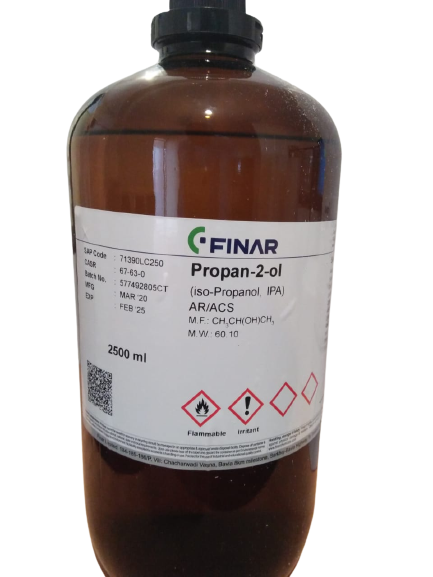 Image: Finar Iso-Propyl Alcohol 2.5lts - A container of 2.5 liters of isopropyl alcohol, commonly used for cleaning and disinfection in various applications
