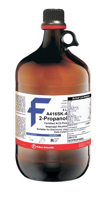 Image: Fisher Iso-Propyl Alcohol 2.5lts - A container of 2.5 liters of isopropyl alcohol, commonly used for cleaning and disinfection in various applications
